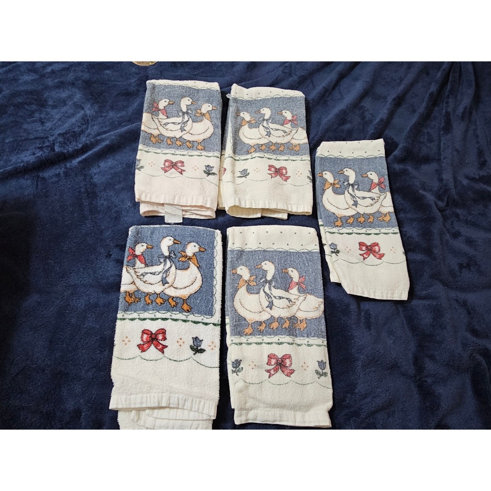 Vintage Country Goose Kitchen Towel Set 5pc Cotton Blue Red Farmhouse Retro